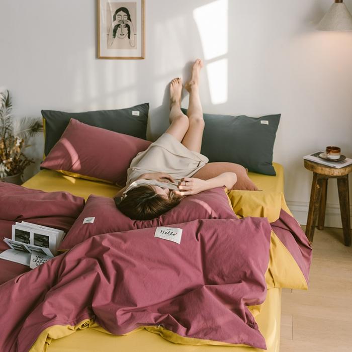 91家纺网 家纺一手货源 找家纺 蓝巢2020年春夏新品全棉加厚水洗棉双拼款四件套海棠红姜黄