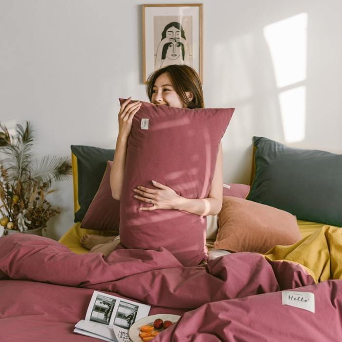 91家纺网 家纺一手货源 找家纺 蓝巢2020年春夏新品全棉加厚水洗棉双拼款四件套海棠红姜黄