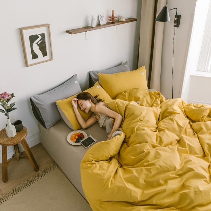 91家纺网 家纺一手货源 找家纺 蓝巢家纺 2020年春夏新品全棉加厚水洗棉双拼款四件套黄卡其