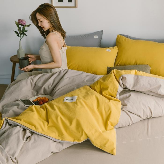 91家纺网 家纺一手货源 找家纺 蓝巢家纺 2020年春夏新品全棉加厚水洗棉双拼款四件套黄卡其