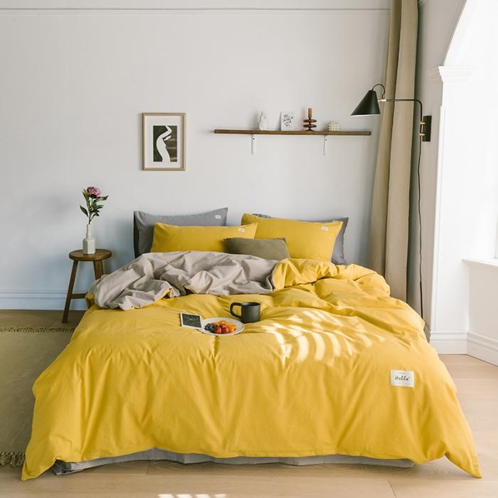 91家纺网 家纺一手货源 找家纺 蓝巢家纺 2020年春夏新品全棉加厚水洗棉双拼款四件套黄卡其