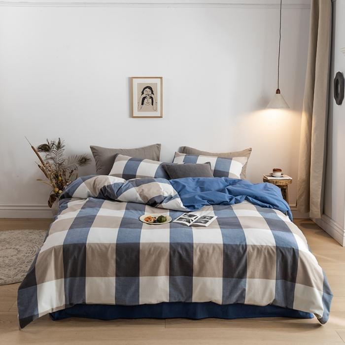 91家纺网 家纺一手货源 找家纺 蓝巢家纺 2020年春夏新品全棉加厚水洗棉双拼款四件套蓝调格