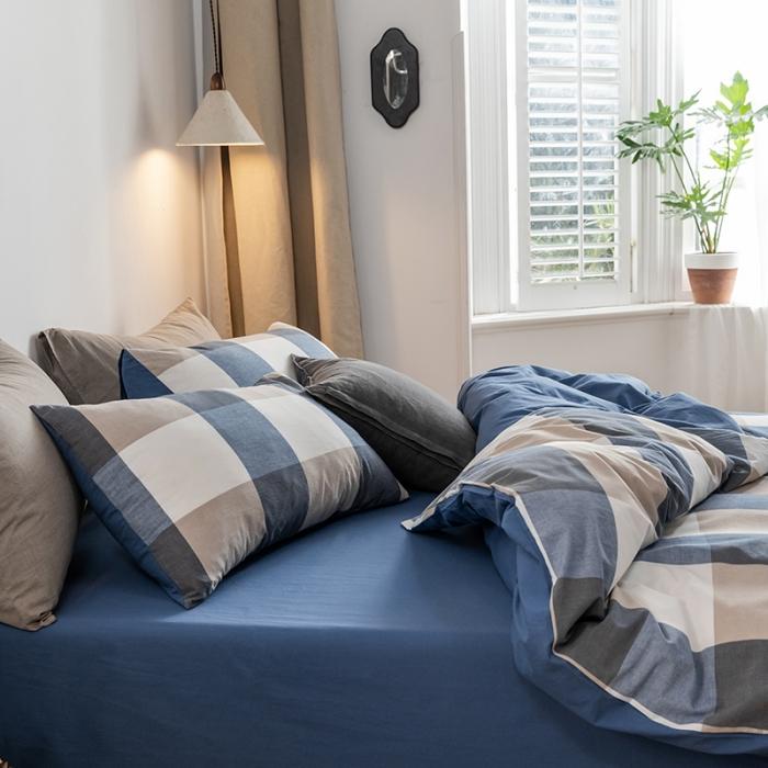 91家纺网 家纺一手货源 找家纺 蓝巢家纺 2020年春夏新品全棉加厚水洗棉双拼款四件套蓝调格