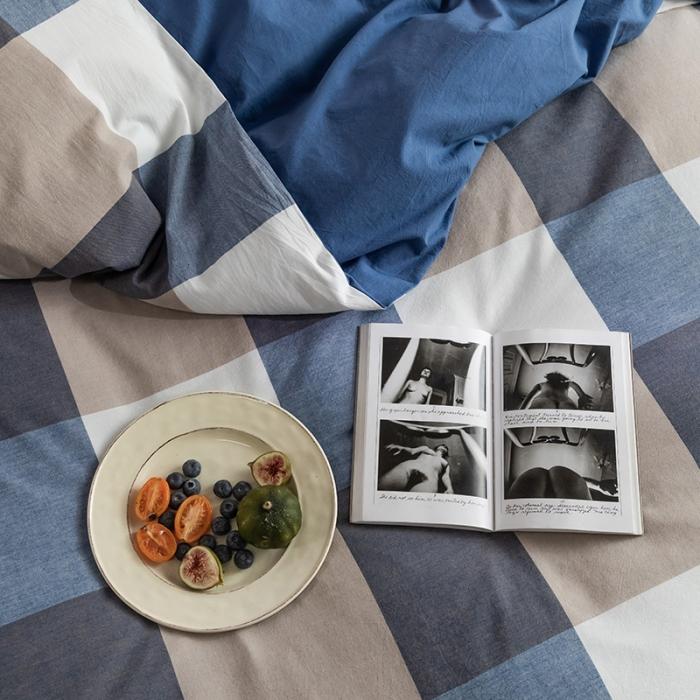 91家纺网 家纺一手货源 找家纺 蓝巢家纺 2020年春夏新品全棉加厚水洗棉双拼款四件套蓝调格