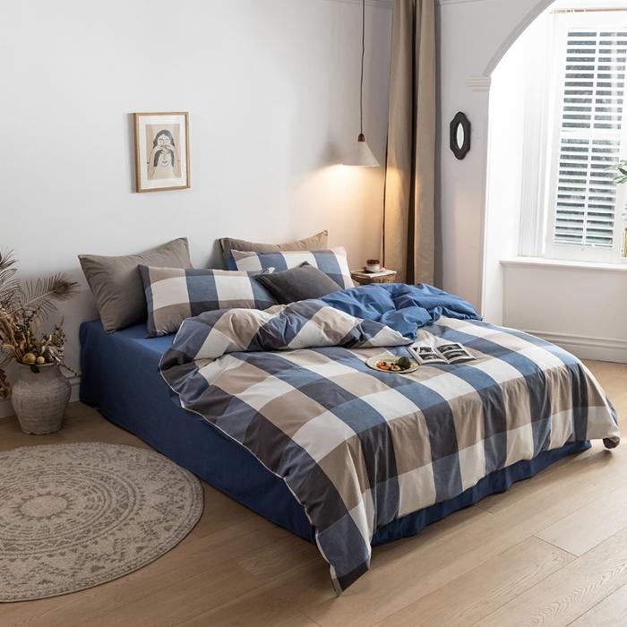 91家纺网 家纺一手货源 找家纺 蓝巢家纺 2020年春夏新品全棉加厚水洗棉双拼款四件套蓝调格