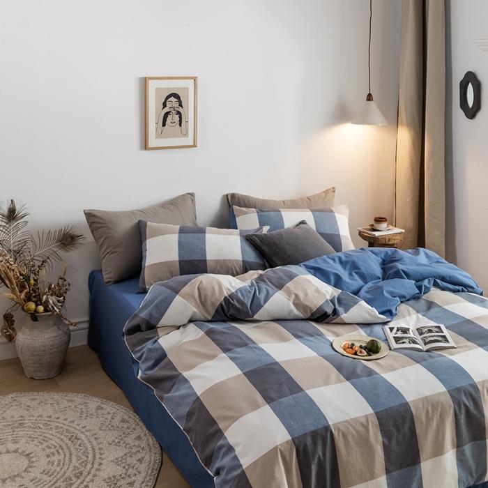 91家纺网 家纺一手货源 找家纺 蓝巢家纺 2020年春夏新品全棉加厚水洗棉双拼款四件套蓝调格