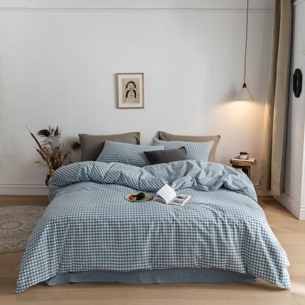 91家纺网 家纺一手货源 找家纺 蓝巢家纺 2020年春夏新品全棉加厚水洗棉双拼款四件套蓝小格