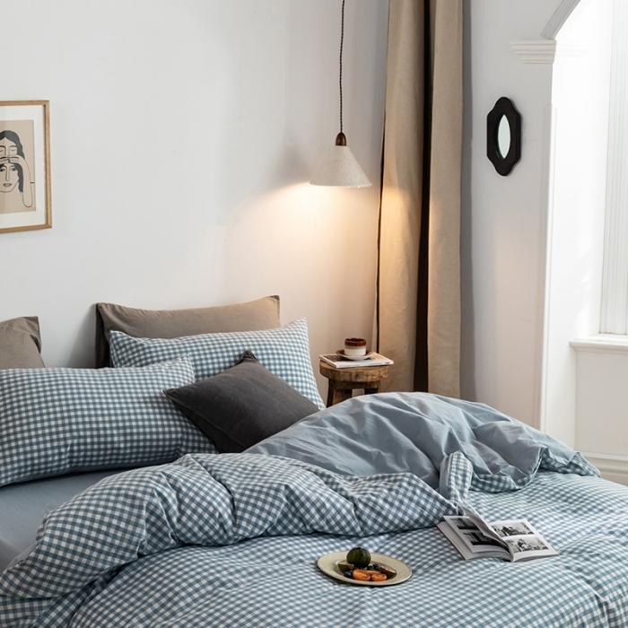 91家纺网 家纺一手货源 找家纺 蓝巢家纺 2020年春夏新品全棉加厚水洗棉双拼款四件套蓝小格