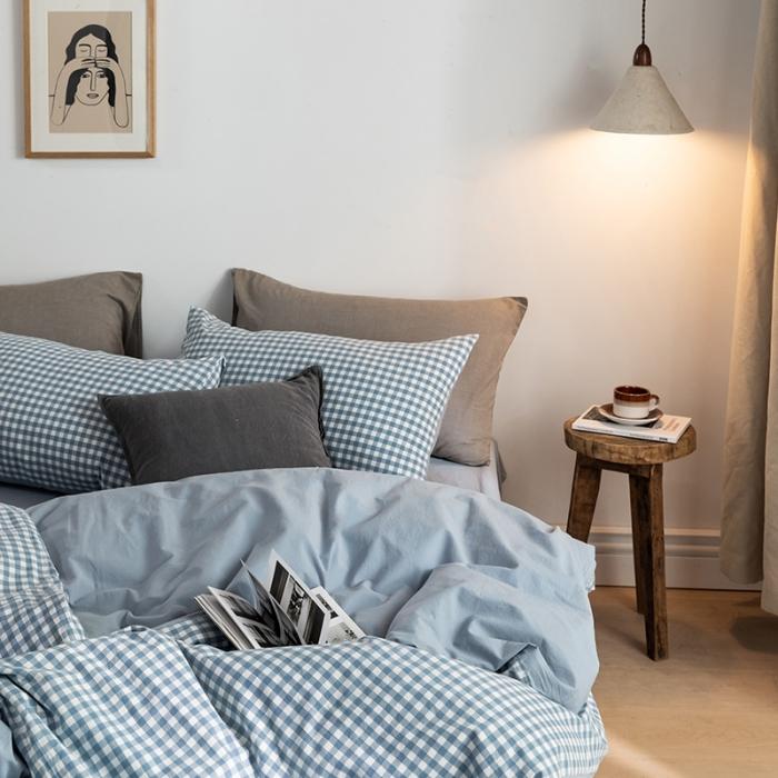 91家纺网 家纺一手货源 找家纺 蓝巢家纺 2020年春夏新品全棉加厚水洗棉双拼款四件套蓝小格