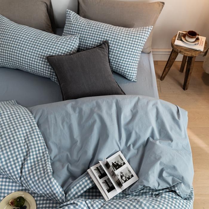 91家纺网 家纺一手货源 找家纺 蓝巢家纺 2020年春夏新品全棉加厚水洗棉双拼款四件套蓝小格