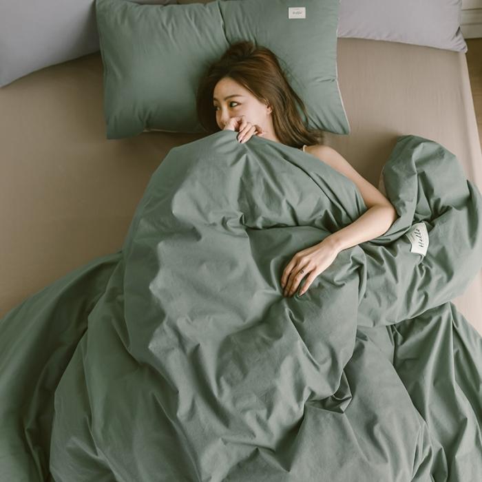 91家纺网 家纺一手货源 找家纺 蓝巢家纺 2020年春夏新品全棉加厚水洗棉双拼款四件套绿卡其