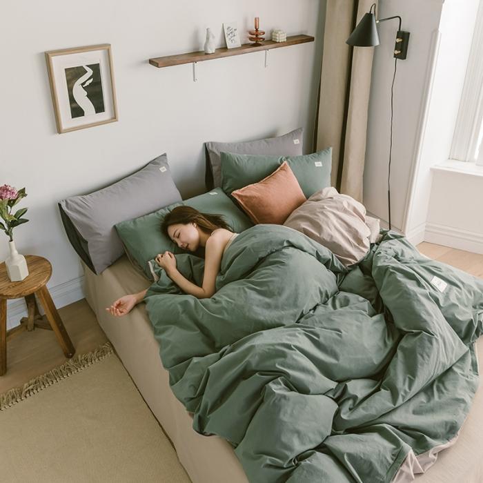 91家纺网 家纺一手货源 找家纺 蓝巢家纺 2020年春夏新品全棉加厚水洗棉双拼款四件套绿卡其