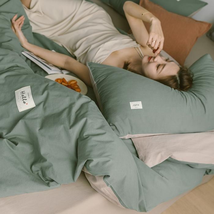 91家纺网 家纺一手货源 找家纺 蓝巢家纺 2020年春夏新品全棉加厚水洗棉双拼款四件套绿卡其