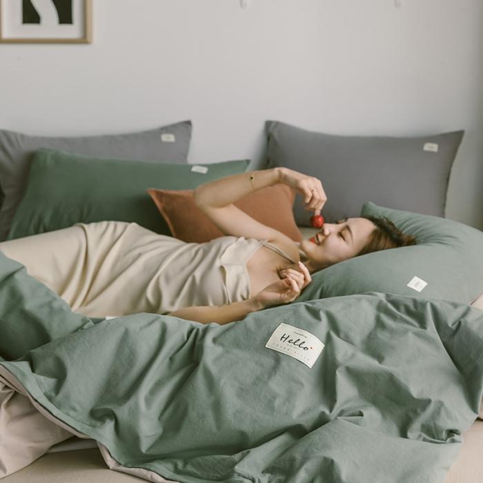 91家纺网 家纺一手货源 找家纺 蓝巢家纺 2020年春夏新品全棉加厚水洗棉双拼款四件套绿卡其