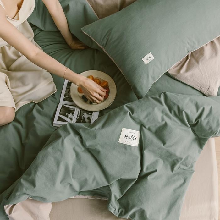 91家纺网 家纺一手货源 找家纺 蓝巢家纺 2020年春夏新品全棉加厚水洗棉双拼款四件套绿卡其