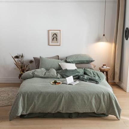 91家纺网 家纺一手货源 找家纺 蓝巢家纺 2020年春夏新品全棉加厚水洗棉双拼款四件套绿小格