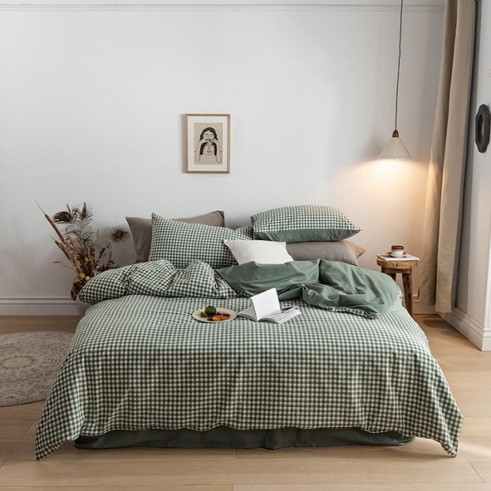 91家纺网 家纺一手货源 找家纺 蓝巢家纺 2020年春夏新品全棉加厚水洗棉双拼款四件套绿小格