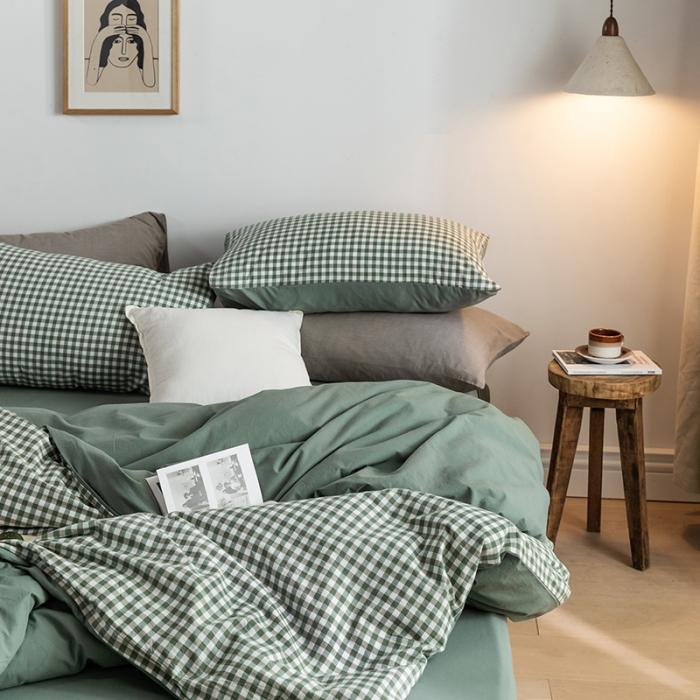 91家纺网 家纺一手货源 找家纺 蓝巢家纺 2020年春夏新品全棉加厚水洗棉双拼款四件套绿小格