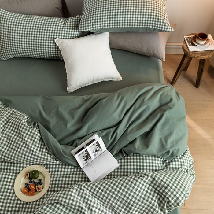 91家纺网 家纺一手货源 找家纺 蓝巢家纺 2020年春夏新品全棉加厚水洗棉双拼款四件套绿小格