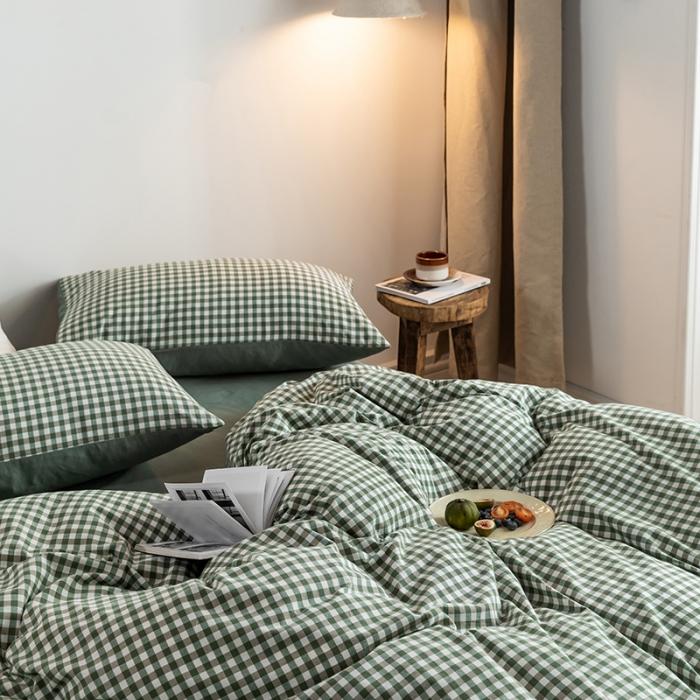 91家纺网 家纺一手货源 找家纺 蓝巢家纺 2020年春夏新品全棉加厚水洗棉双拼款四件套绿小格