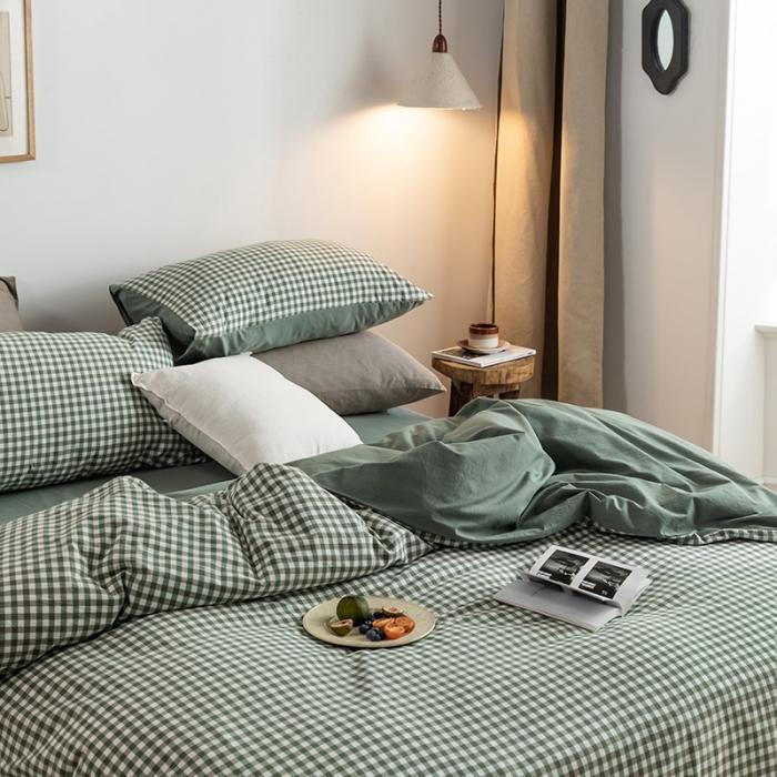 91家纺网 家纺一手货源 找家纺 蓝巢家纺 2020年春夏新品全棉加厚水洗棉双拼款四件套绿小格