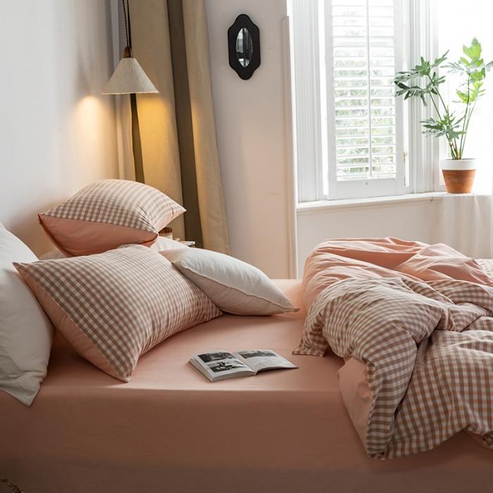 91家纺网 家纺一手货源 找家纺 蓝巢家纺 2020年春夏新品全棉加厚水洗棉双拼款四件套蜜粉格