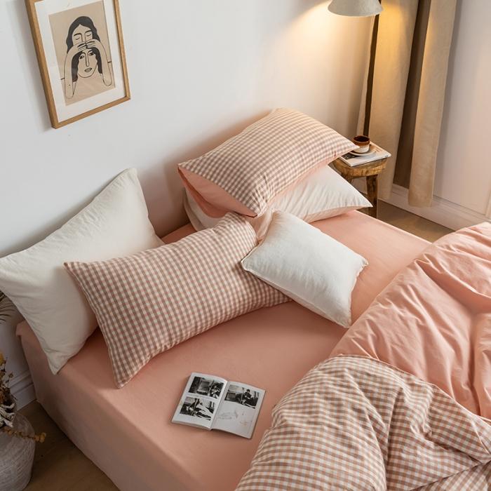 91家纺网 家纺一手货源 找家纺 蓝巢家纺 2020年春夏新品全棉加厚水洗棉双拼款四件套蜜粉格