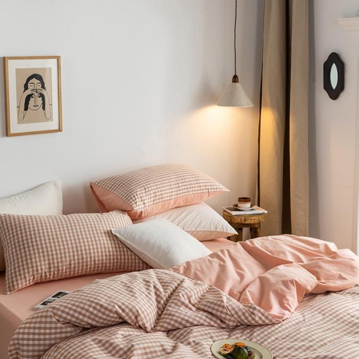 91家纺网 家纺一手货源 找家纺 蓝巢家纺 2020年春夏新品全棉加厚水洗棉双拼款四件套蜜粉格