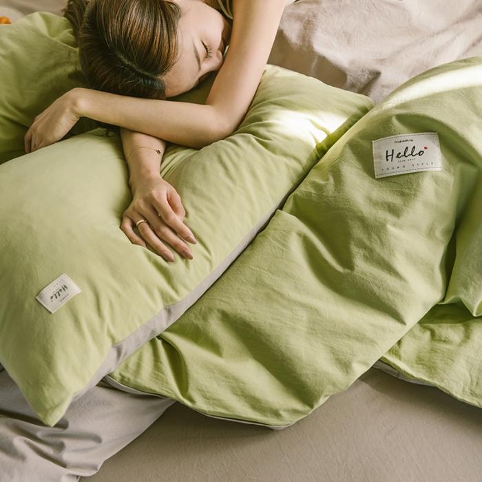 91家纺网 家纺一手货源 找家纺 蓝巢家纺2020年春夏新品全棉加厚水洗棉双拼款四件套抹茶卡其