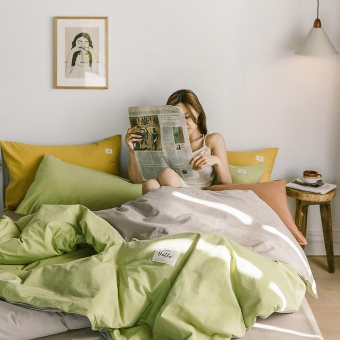 91家纺网 家纺一手货源 找家纺 蓝巢家纺2020年春夏新品全棉加厚水洗棉双拼款四件套抹茶卡其