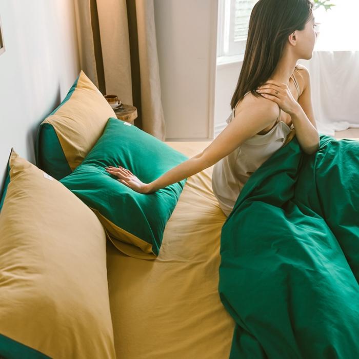 91家纺网 家纺一手货源 找家纺 蓝巢家纺2020年春夏新品全棉加厚水洗棉双拼款四件套墨绿杏黄