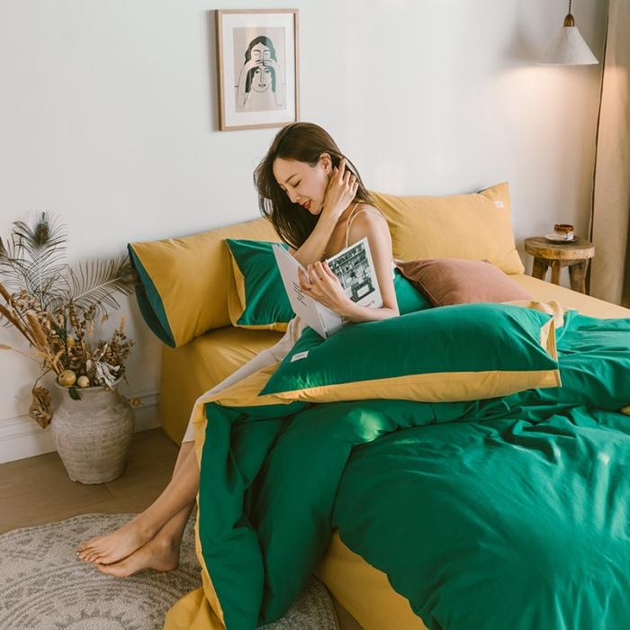 91家纺网 家纺一手货源 找家纺 蓝巢家纺2020年春夏新品全棉加厚水洗棉双拼款四件套墨绿杏黄