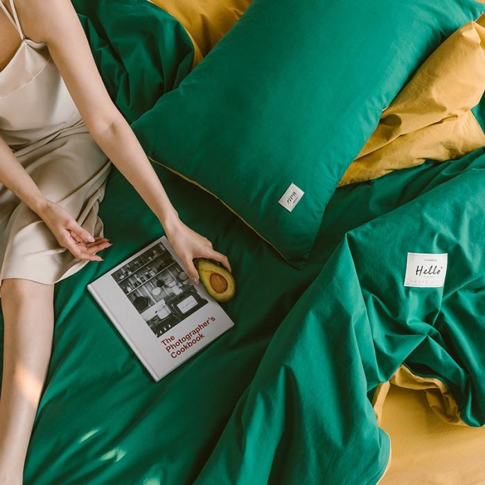 91家纺网 家纺一手货源 找家纺 蓝巢家纺2020年春夏新品全棉加厚水洗棉双拼款四件套墨绿杏黄