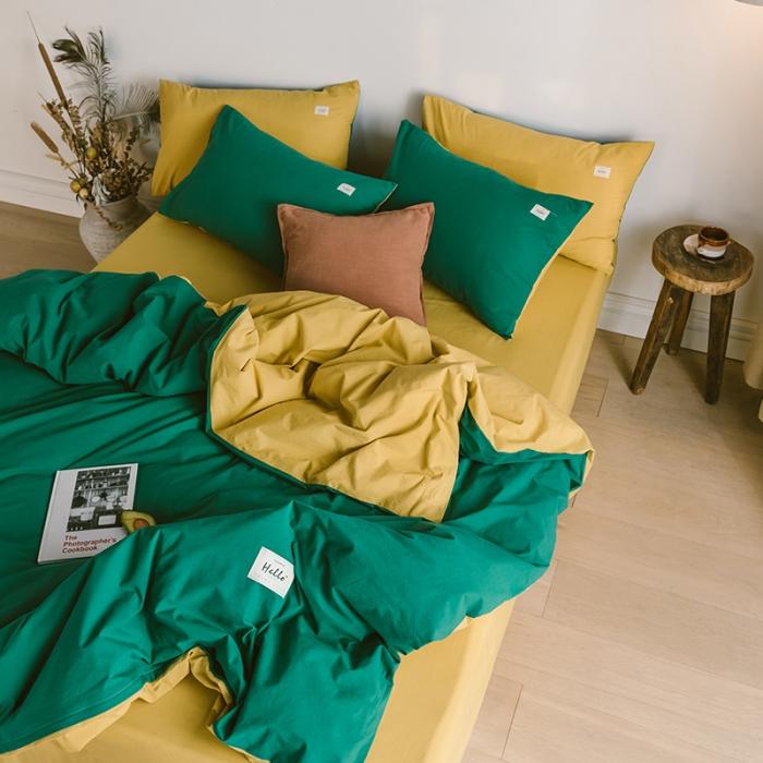 91家纺网 家纺一手货源 找家纺 蓝巢家纺2020年春夏新品全棉加厚水洗棉双拼款四件套墨绿杏黄