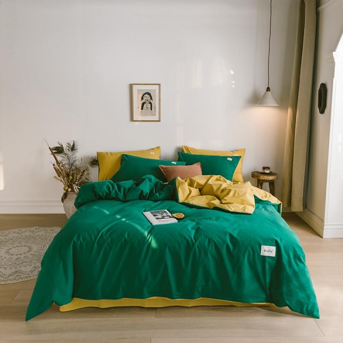 91家纺网 家纺一手货源 找家纺 蓝巢家纺2020年春夏新品全棉加厚水洗棉双拼款四件套墨绿杏黄