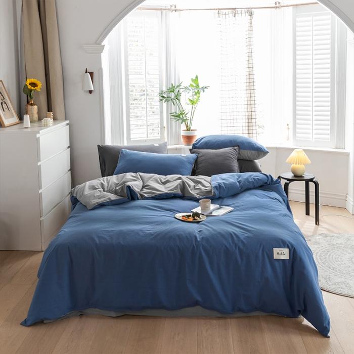 91家纺网 家纺一手货源 找家纺 蓝巢2020年春夏新品全棉加厚水洗棉双拼款四件套牛仔蓝浅灰