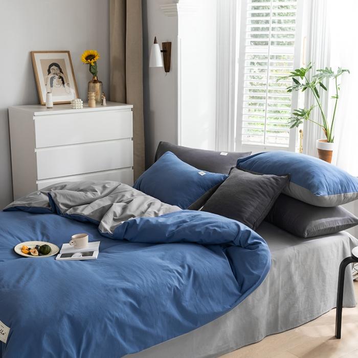 91家纺网 家纺一手货源 找家纺 蓝巢2020年春夏新品全棉加厚水洗棉双拼款四件套牛仔蓝浅灰