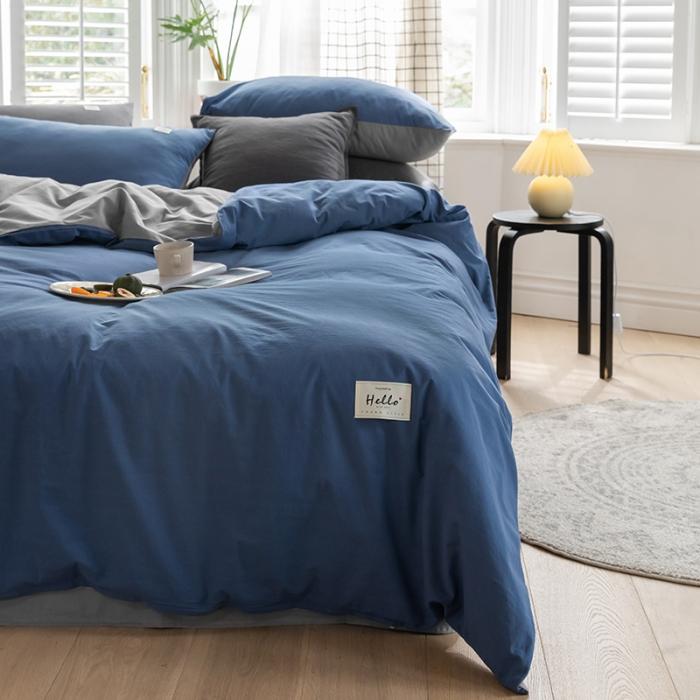 91家纺网 家纺一手货源 找家纺 蓝巢2020年春夏新品全棉加厚水洗棉双拼款四件套牛仔蓝浅灰