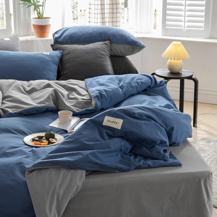 91家纺网 家纺一手货源 找家纺 蓝巢2020年春夏新品全棉加厚水洗棉双拼款四件套牛仔蓝浅灰