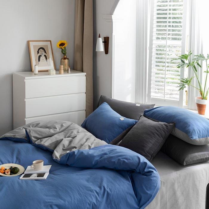 91家纺网 家纺一手货源 找家纺 蓝巢2020年春夏新品全棉加厚水洗棉双拼款四件套牛仔蓝浅灰