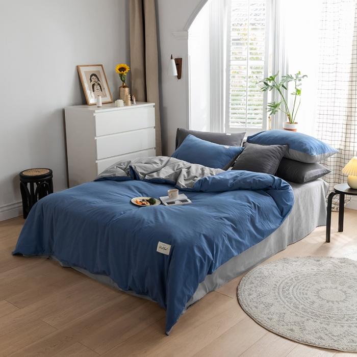 91家纺网 家纺一手货源 找家纺 蓝巢2020年春夏新品全棉加厚水洗棉双拼款四件套牛仔蓝浅灰