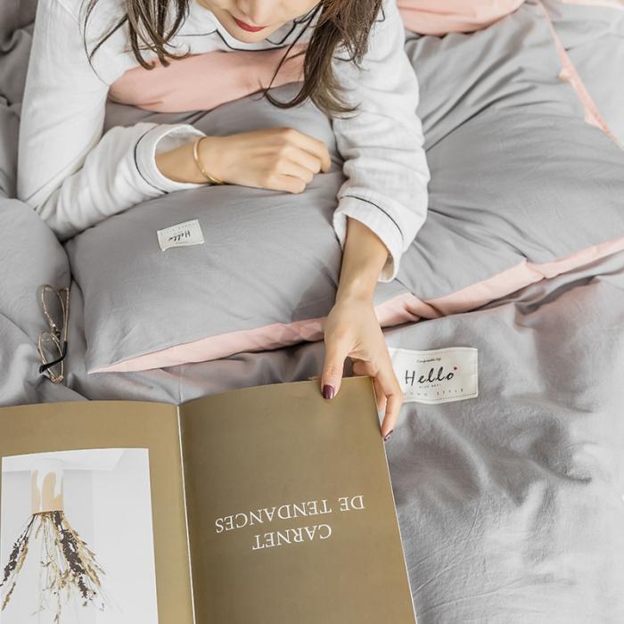 91家纺网 家纺一手货源 找家纺 蓝巢家纺2020年春夏新品全棉加厚水洗棉双拼款四件套浅灰粉