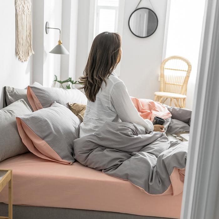 91家纺网 家纺一手货源 找家纺 蓝巢家纺2020年春夏新品全棉加厚水洗棉双拼款四件套浅灰粉