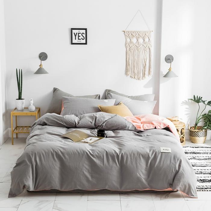 91家纺网 家纺一手货源 找家纺 蓝巢家纺2020年春夏新品全棉加厚水洗棉双拼款四件套浅灰粉