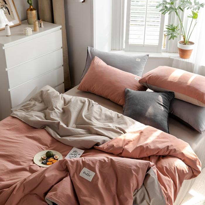 91家纺网 家纺一手货源 找家纺 蓝巢2020年春夏新品全棉加厚水洗棉双拼款四件套珊瑚红卡其