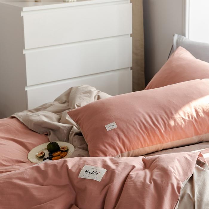 91家纺网 家纺一手货源 找家纺 蓝巢2020年春夏新品全棉加厚水洗棉双拼款四件套珊瑚红卡其