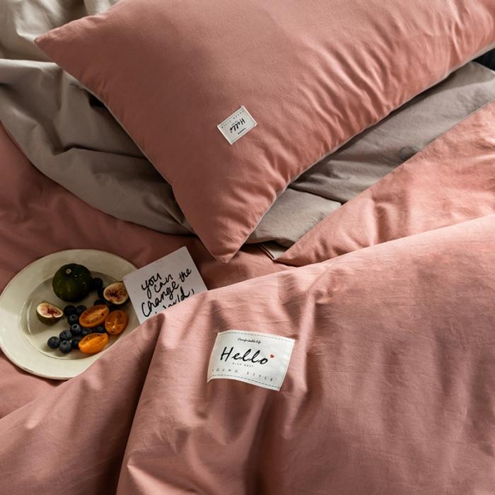 91家纺网 家纺一手货源 找家纺 蓝巢2020年春夏新品全棉加厚水洗棉双拼款四件套珊瑚红卡其