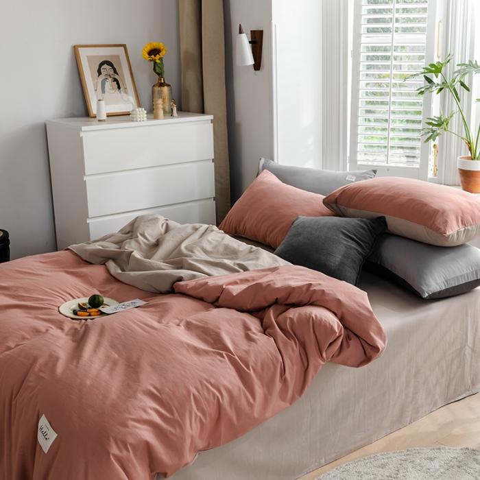 91家纺网 家纺一手货源 找家纺 蓝巢2020年春夏新品全棉加厚水洗棉双拼款四件套珊瑚红卡其