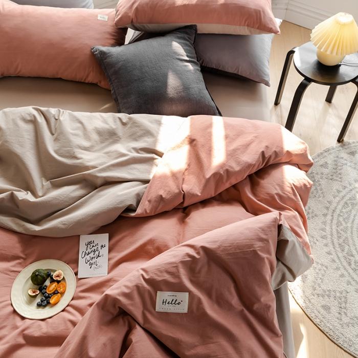 91家纺网 家纺一手货源 找家纺 蓝巢2020年春夏新品全棉加厚水洗棉双拼款四件套珊瑚红卡其