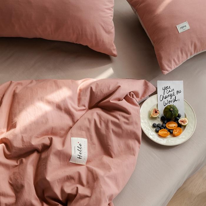 91家纺网 家纺一手货源 找家纺 蓝巢2020年春夏新品全棉加厚水洗棉双拼款四件套珊瑚红卡其